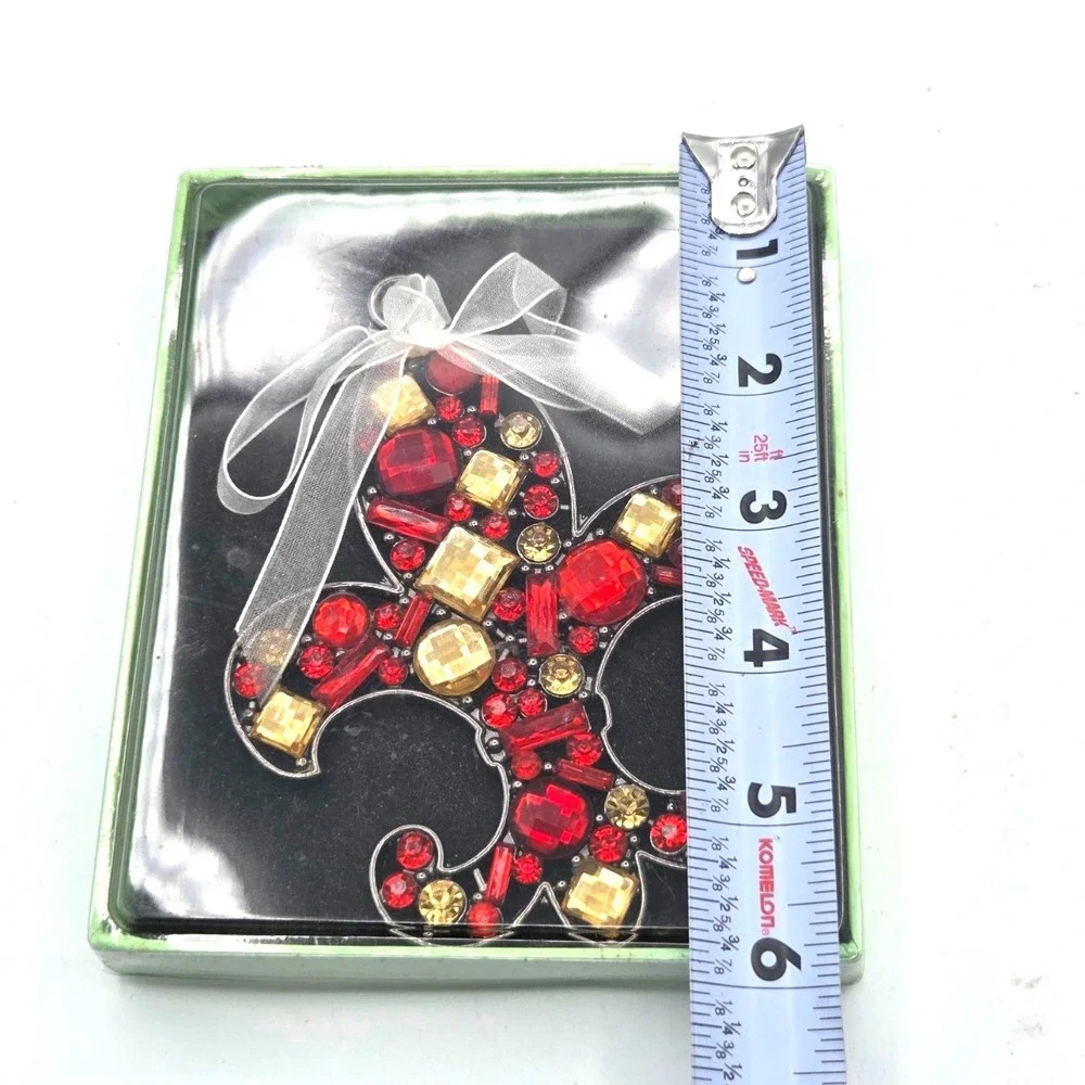 STUNNING Fleur De Lis Christmas Ornament Metal with Red and Gold Stones